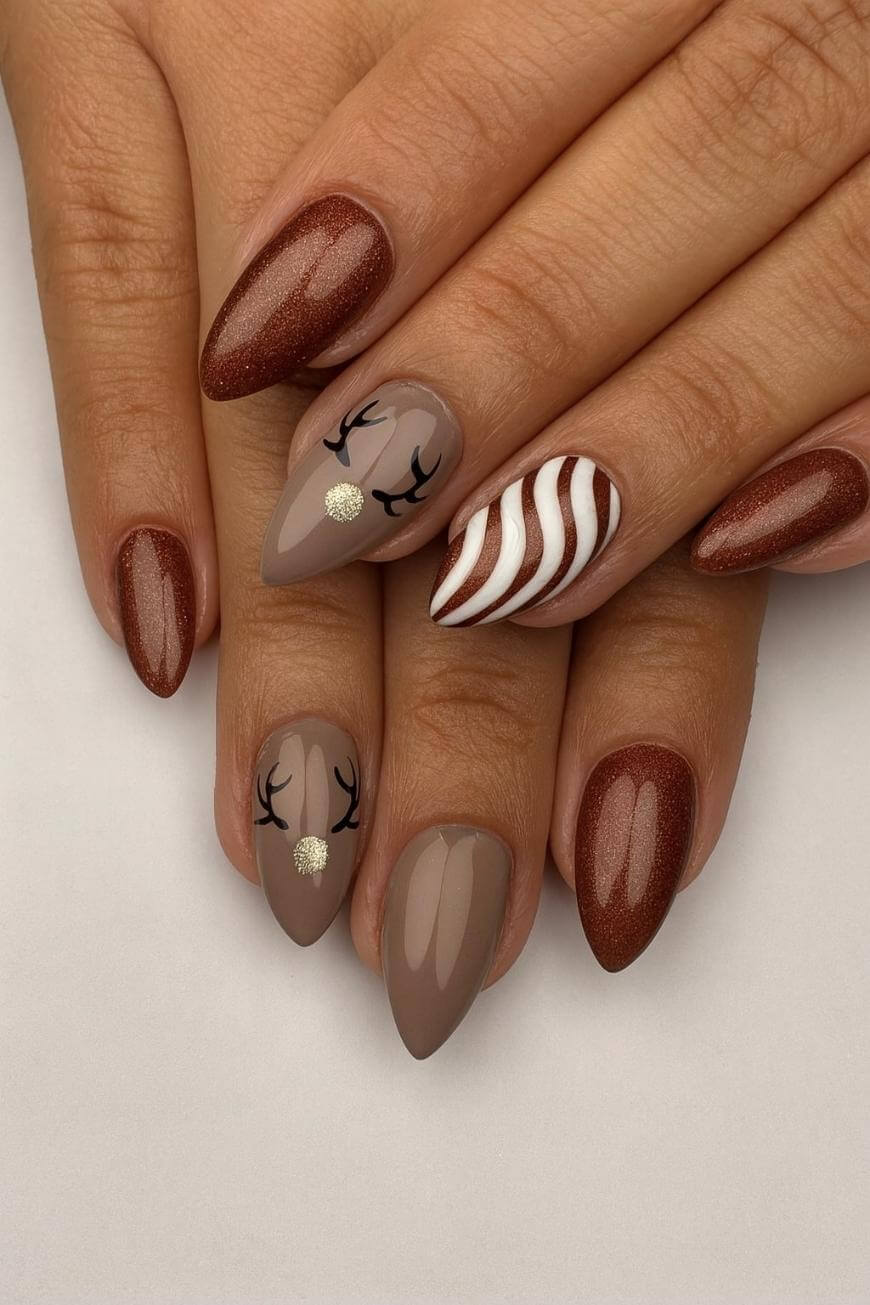 Short Square Beige Reindeer Face Glossy Nails, Close-Up Take Short Square Beige Reindeer Face Glossy Nails, Close-Up Take — Reindeer Nails 2026