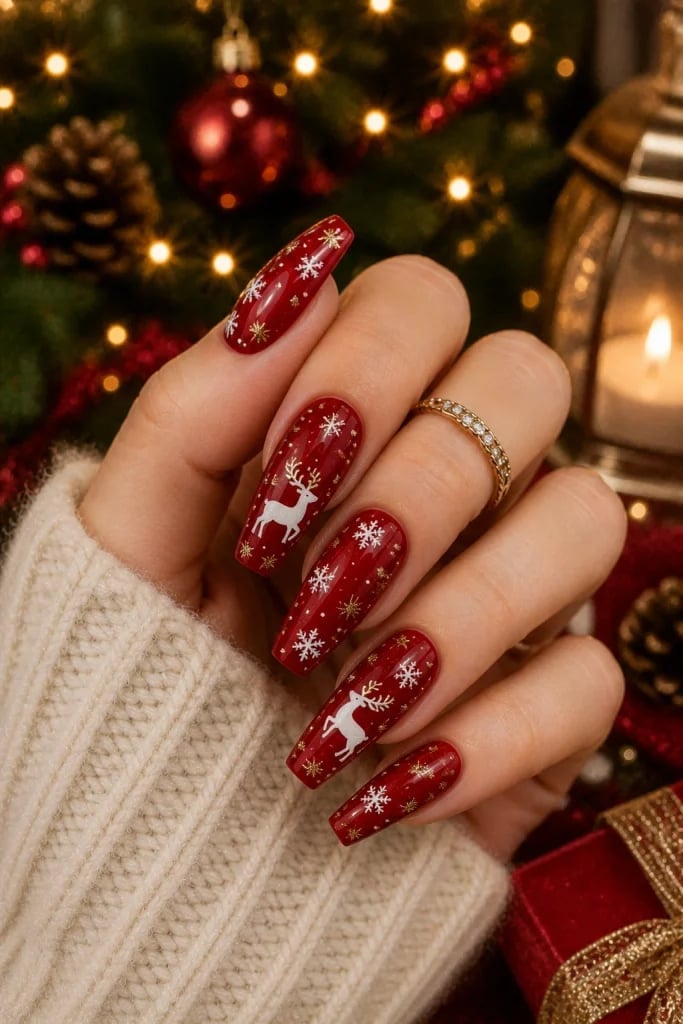 Short Square Red White Reindeer Face Accent Nails, Long Coffin Short Square Red White Reindeer Face Accent Nails, Long Coffin — Reindeer Nails 2026