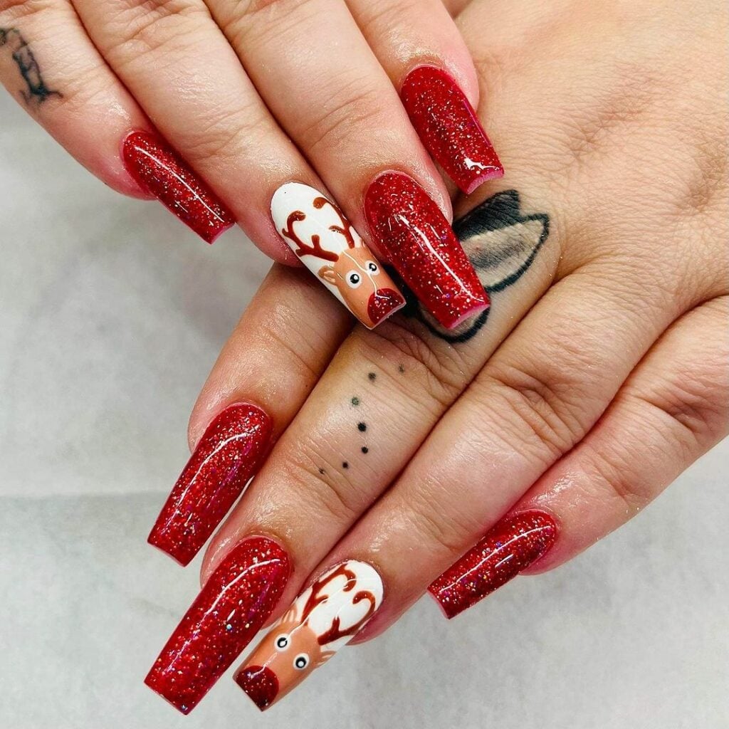 Short Square Reindeer Santa Face Glitter Tip Nails Short Square Reindeer Santa Face Glitter Tip Nails — Reindeer Nails 2026