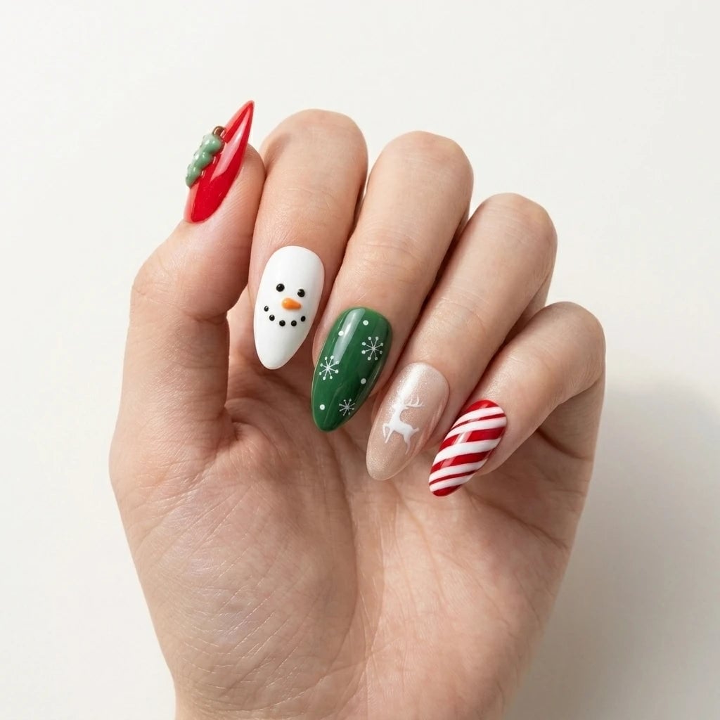 Medium Almond Nude French Tip Reindeer Face Nails Medium Almond Nude French Tip Reindeer Face Nails — Reindeer Nails 2026