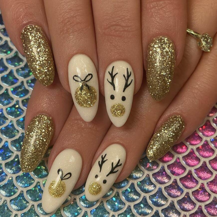 Medium Almond Beige Reindeer Face Bow Candy Cane Nails Medium Almond Beige Reindeer Face Bow Candy Cane Nails — Reindeer Nails 2026