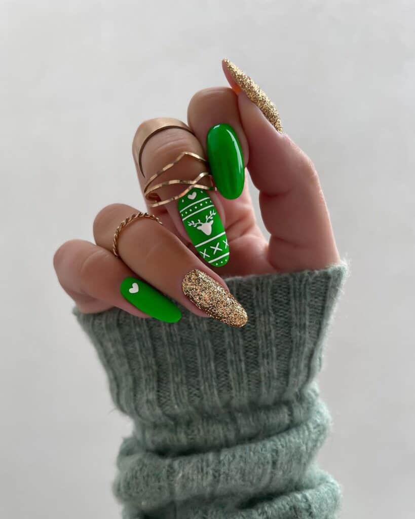 Medium Almond Pearlescent White Reindeer Face Nails Medium Almond Pearlescent White Reindeer Face Nails — Reindeer Nails 2026
