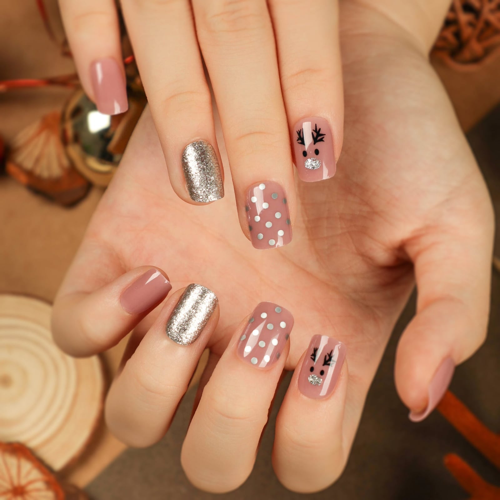 Short Square Pink Glitter Reindeer Face Nails Short Square Pink Glitter Reindeer Face Nails — Reindeer Nails 2026