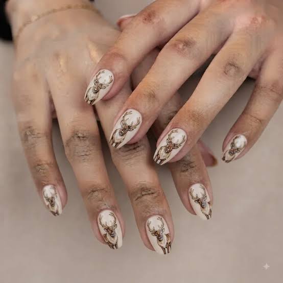 Medium Almond Taupe Reindeer Antler Stripe Nails Medium Almond Taupe Reindeer Antler Stripe Nails — Reindeer Nails 2026