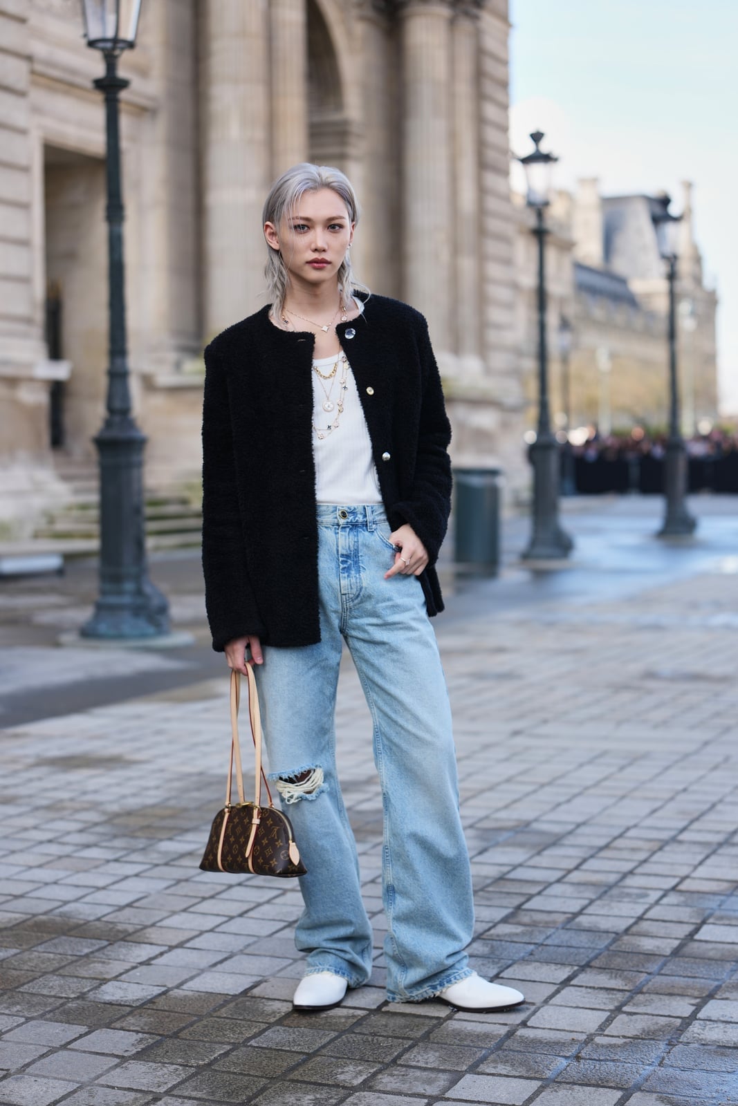 Light blue wide-leg ripped jeans with textured jacket Light blue wide-leg ripped jeans with textured jacket — Ripped Jeans 2027