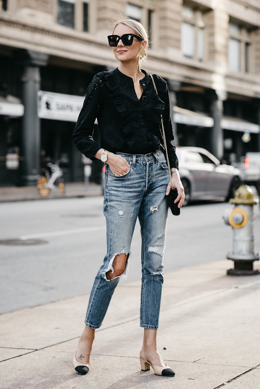 Light blue ripped slim-fit jeans with embellished blouse Light blue ripped slim-fit jeans with embellished blouse — Ripped Jeans 2027
