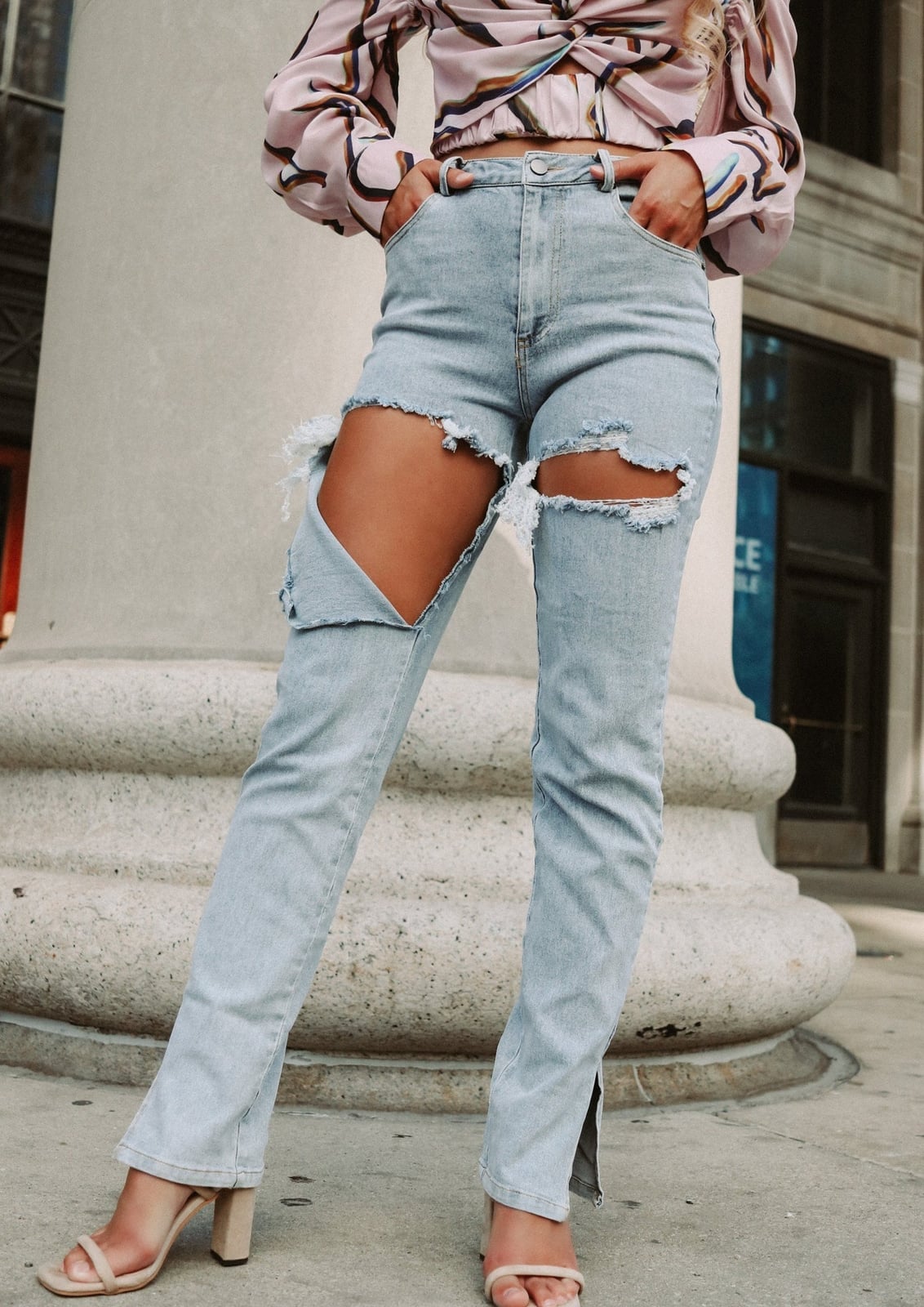 Light wash straight-leg ripped jeans with thigh rips Light wash straight-leg ripped jeans with thigh rips — Ripped Jeans 2027