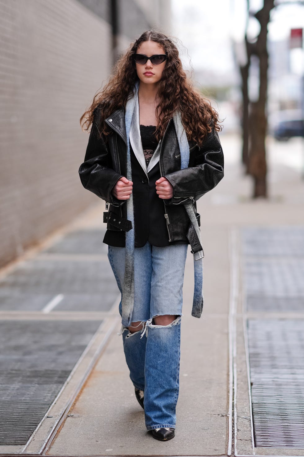 Medium wash straight-leg ripped jeans with moto jacket Medium wash straight-leg ripped jeans with moto jacket — Ripped Jeans 2027