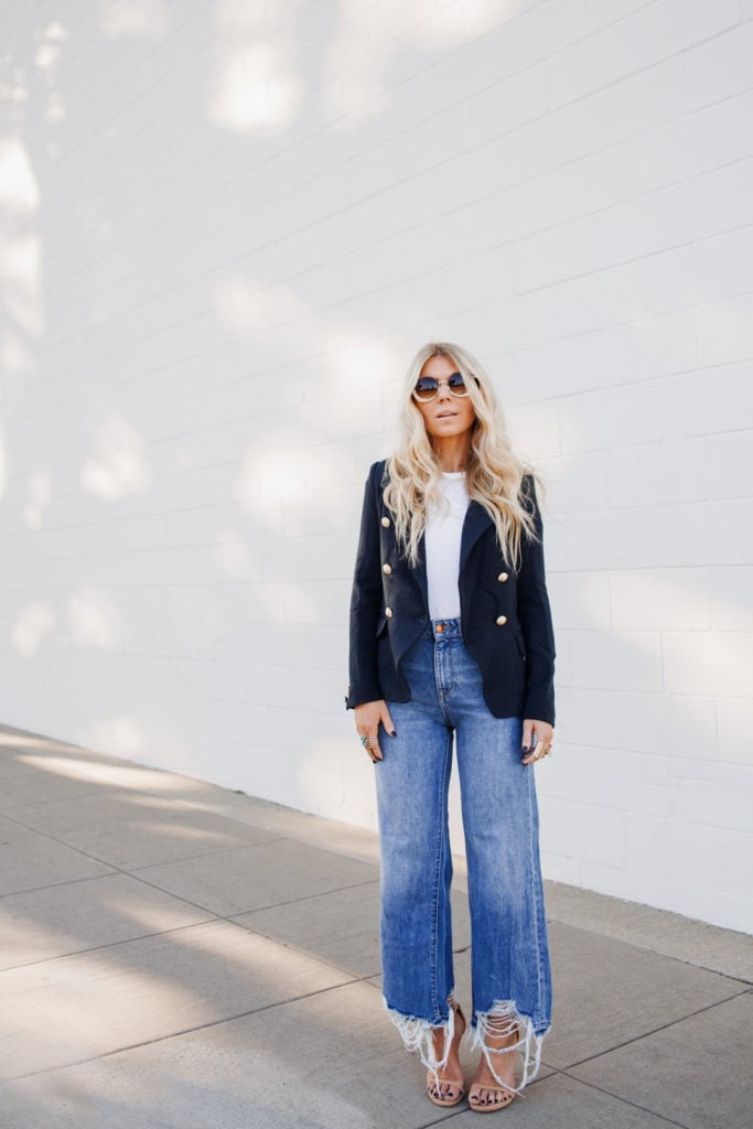 Light blue wide-leg jeans with frayed and ripped hem, White T-Shirt Light blue wide-leg jeans with frayed and ripped hem, White T-Shirt — Ripped Jeans 2027