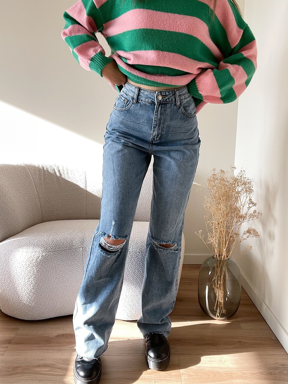 Light blue wide leg ripped jeans with knit sweater Light blue wide leg ripped jeans with knit sweater — Ripped Jeans 2027