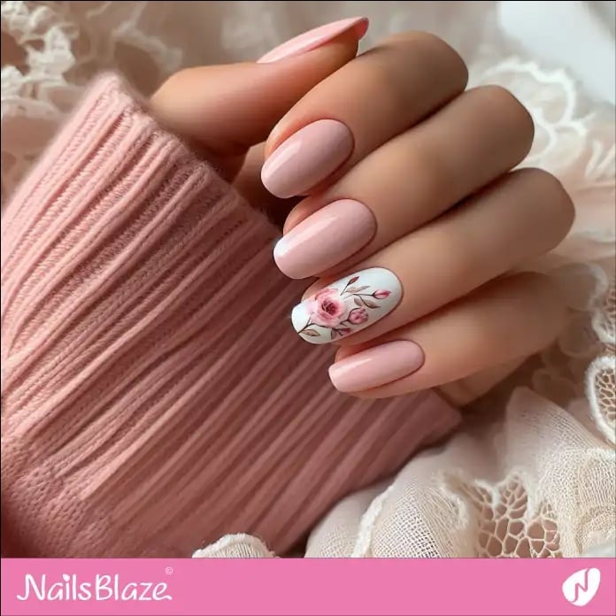 Medium Oval Pink Rose Accent Nails, Glossy, Close-Up Take Medium Oval Pink Rose Accent Nails, Glossy, Close-Up Take — Rose Flower Nails 2027