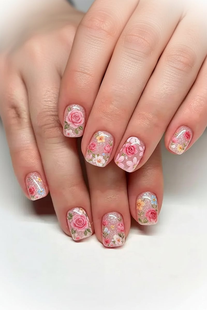 Short Square Glitter Rose Nails Short Square Glitter Rose Nails — Rose Flower Nails 2027