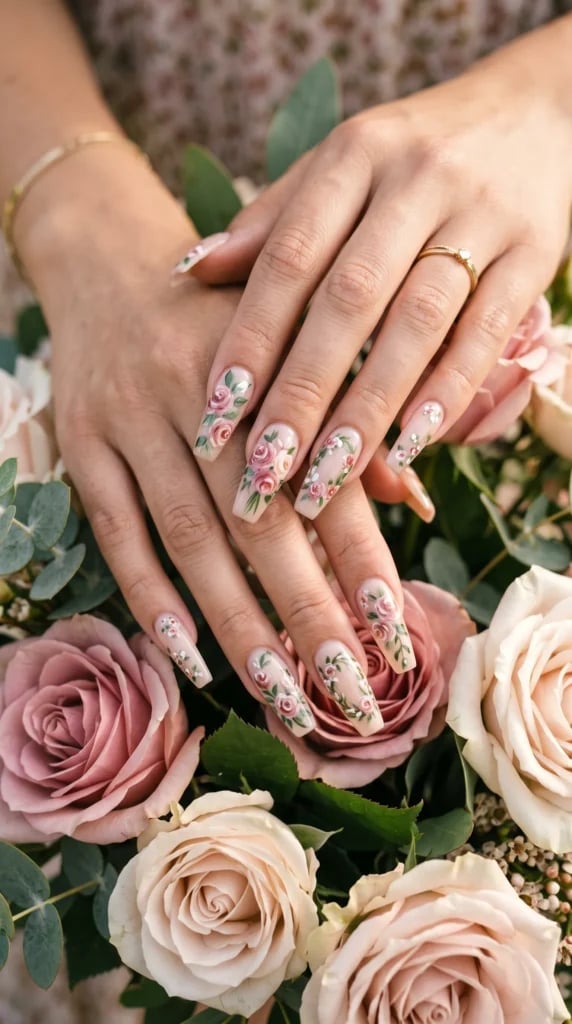 Long Coffin Nude Rose Nails Long Coffin Nude Rose Nails — Rose Flower Nails 2027