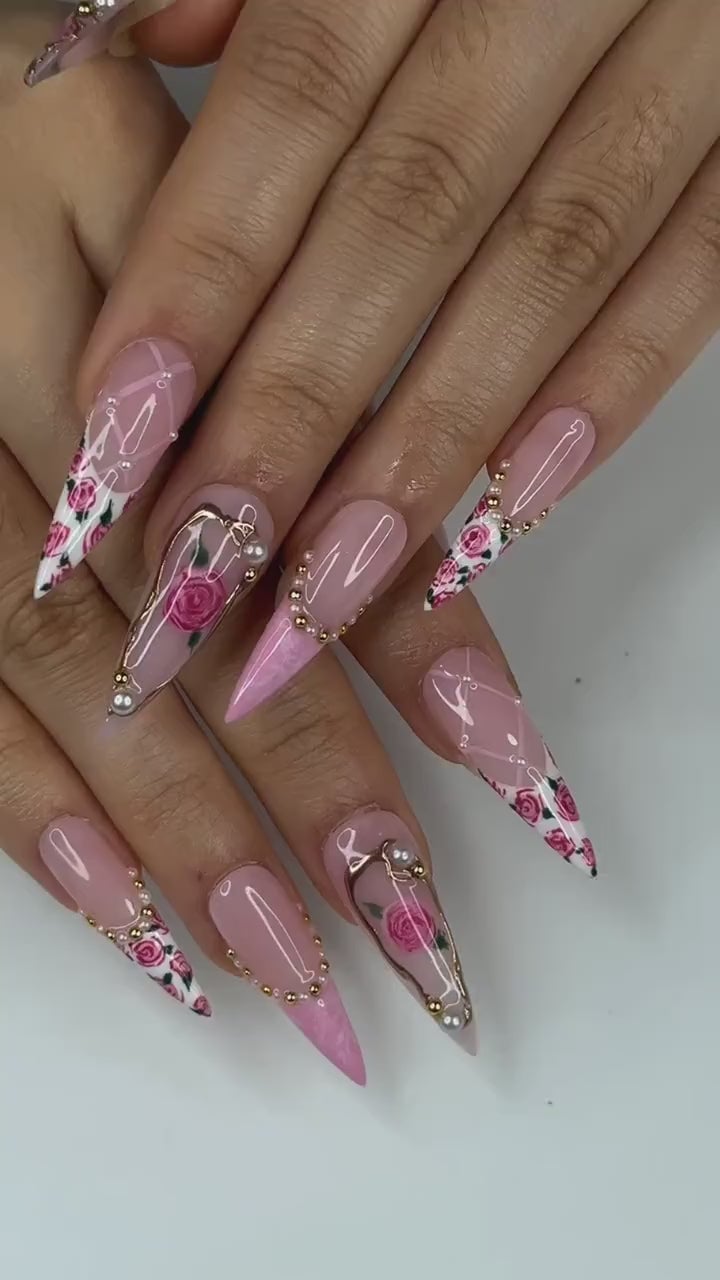 Extra Long Stiletto Pink Floral Embellished Nails Extra Long Stiletto Pink Floral Embellished Nails — Rose Flower Nails 2027