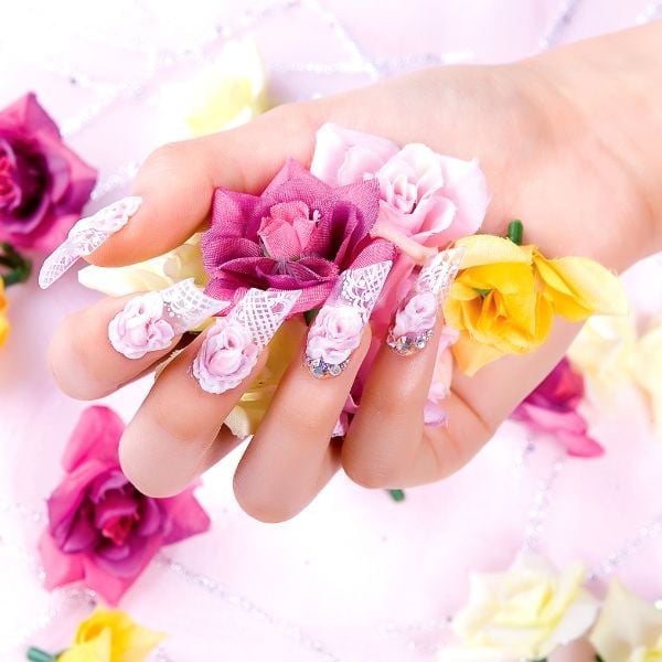 Extra Long Stiletto 3D Rose Lace Nails Extra Long Stiletto 3D Rose Lace Nails — Rose Flower Nails 2027
