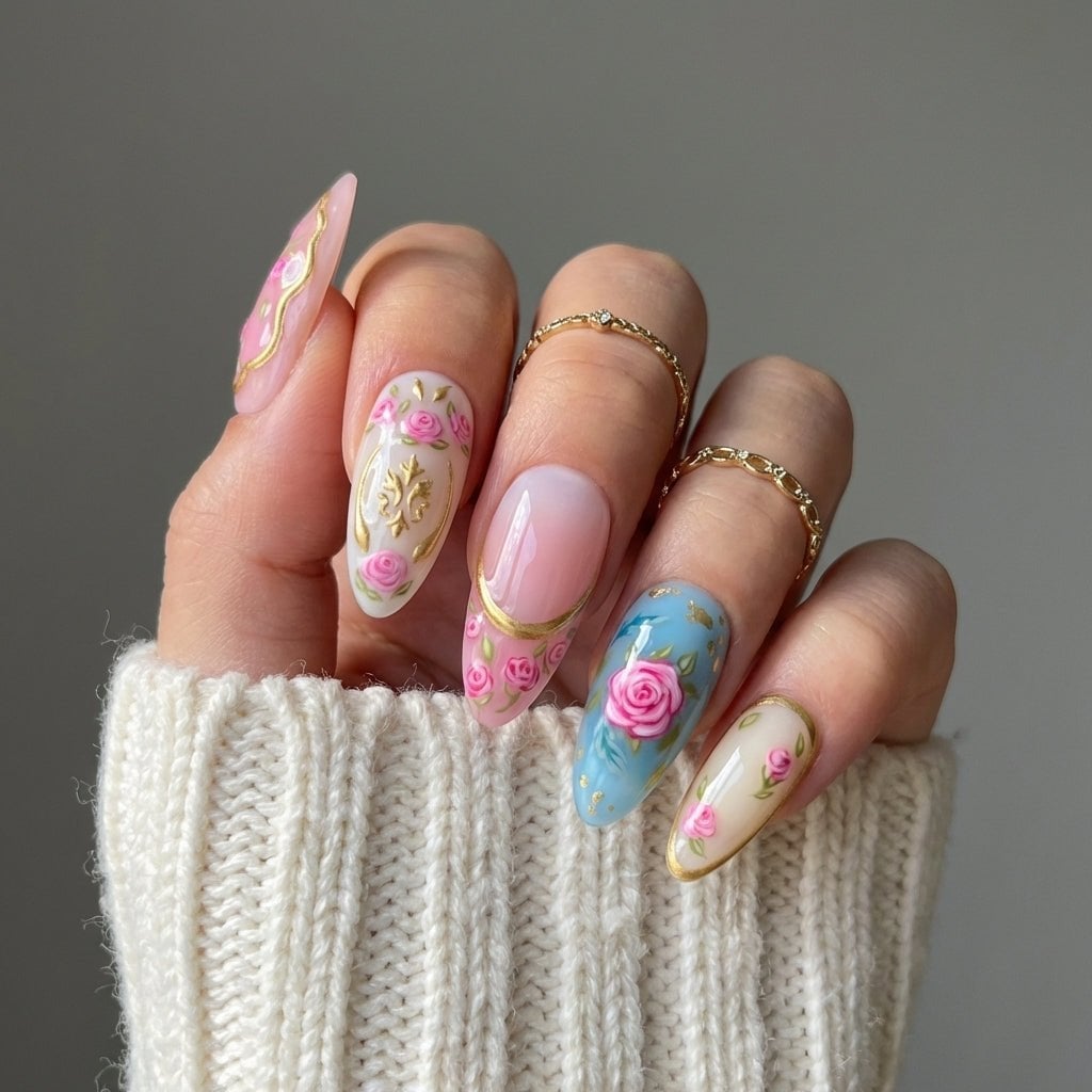 Almond Pink Floral French Tip Nails Almond Pink Floral French Tip Nails — Rose Flower Nails 2027