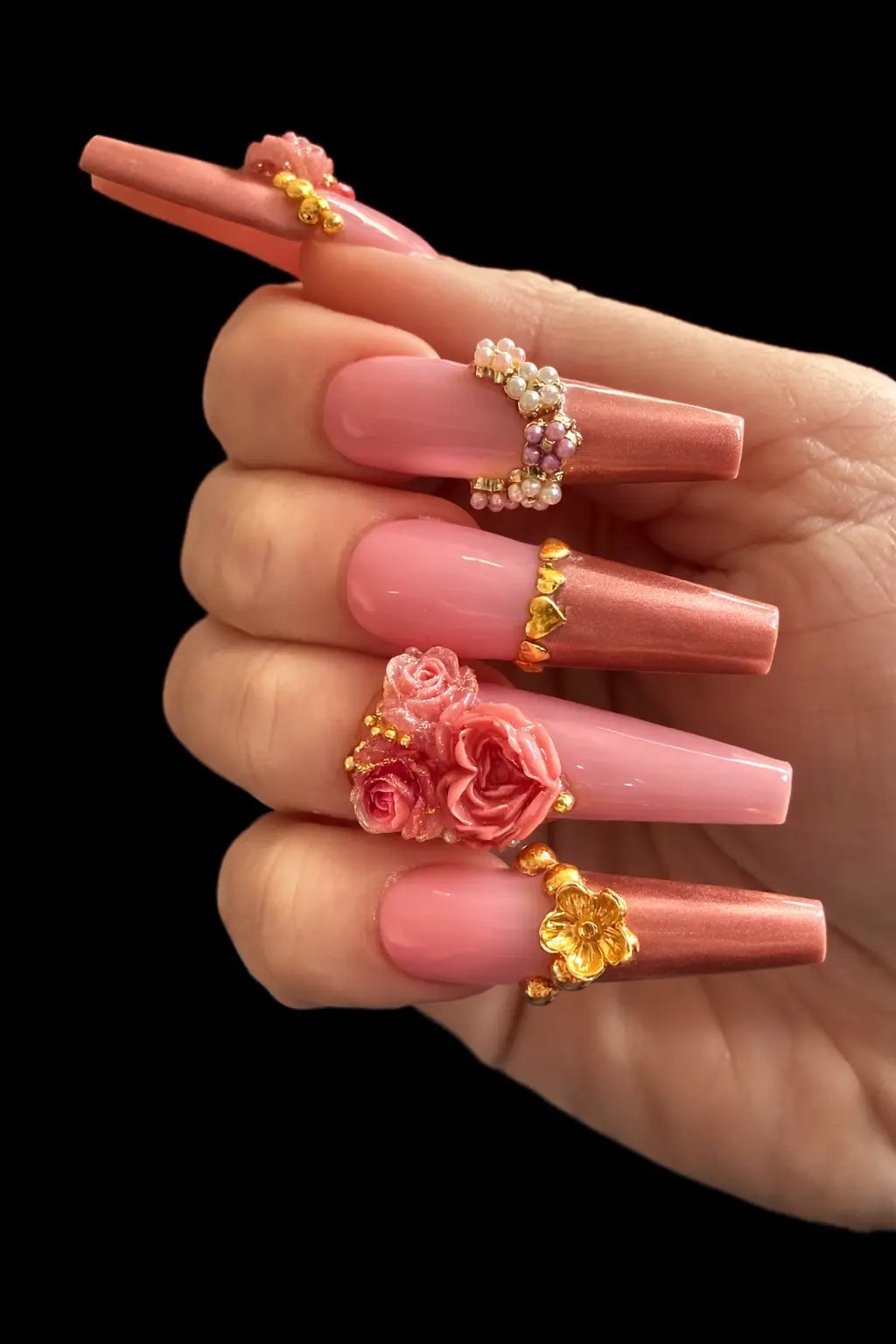 Long Coffin Metallic Rose Embellished Nails Long Coffin Metallic Rose Embellished Nails — Rose Flower Nails 2027