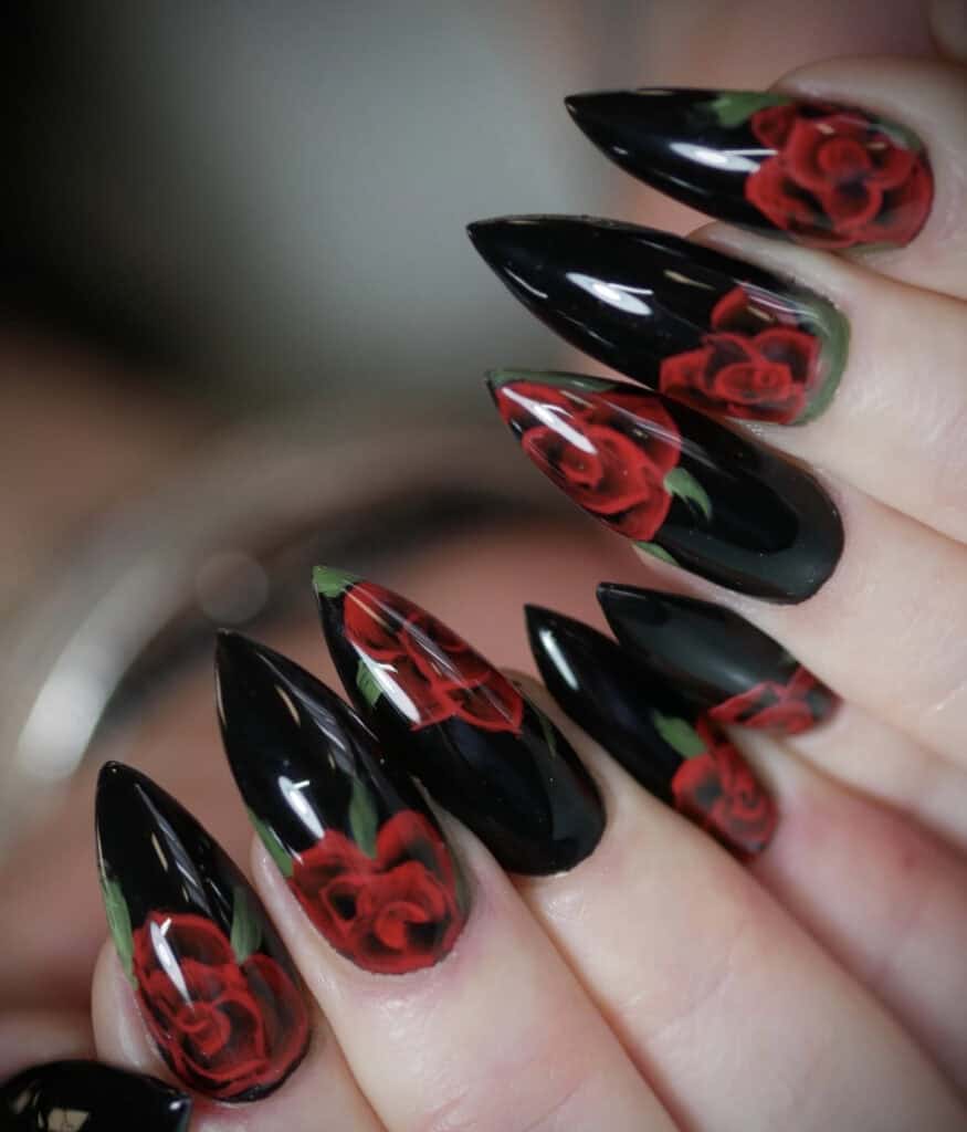 Long Stiletto Black Realistic Rose Nails Long Stiletto Black Realistic Rose Nails — Rose Flower Nails 2027