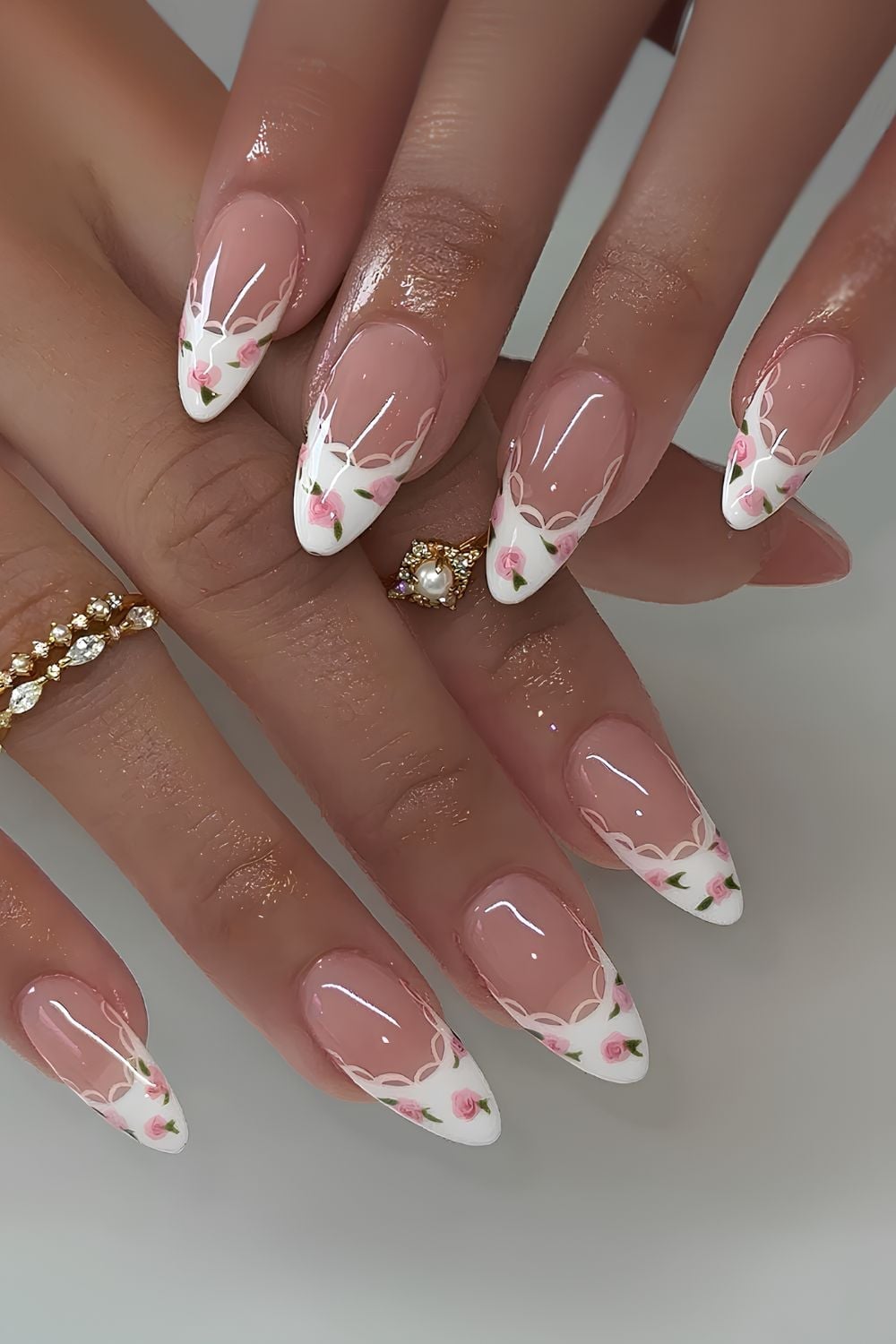 Almond Lace French Tip Rose Nails Almond Lace French Tip Rose Nails — Rose Flower Nails 2027