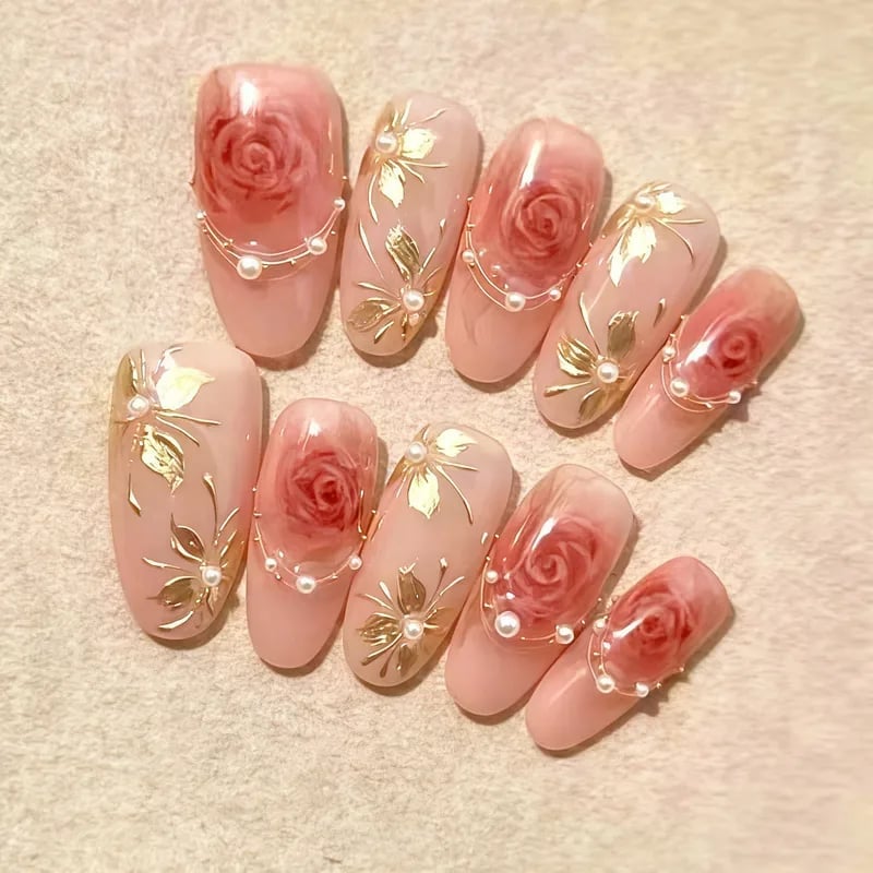 Oval Medium Rose Pearl Gold Nails Oval Medium Rose Pearl Gold Nails — Rose Flower Nails 2027