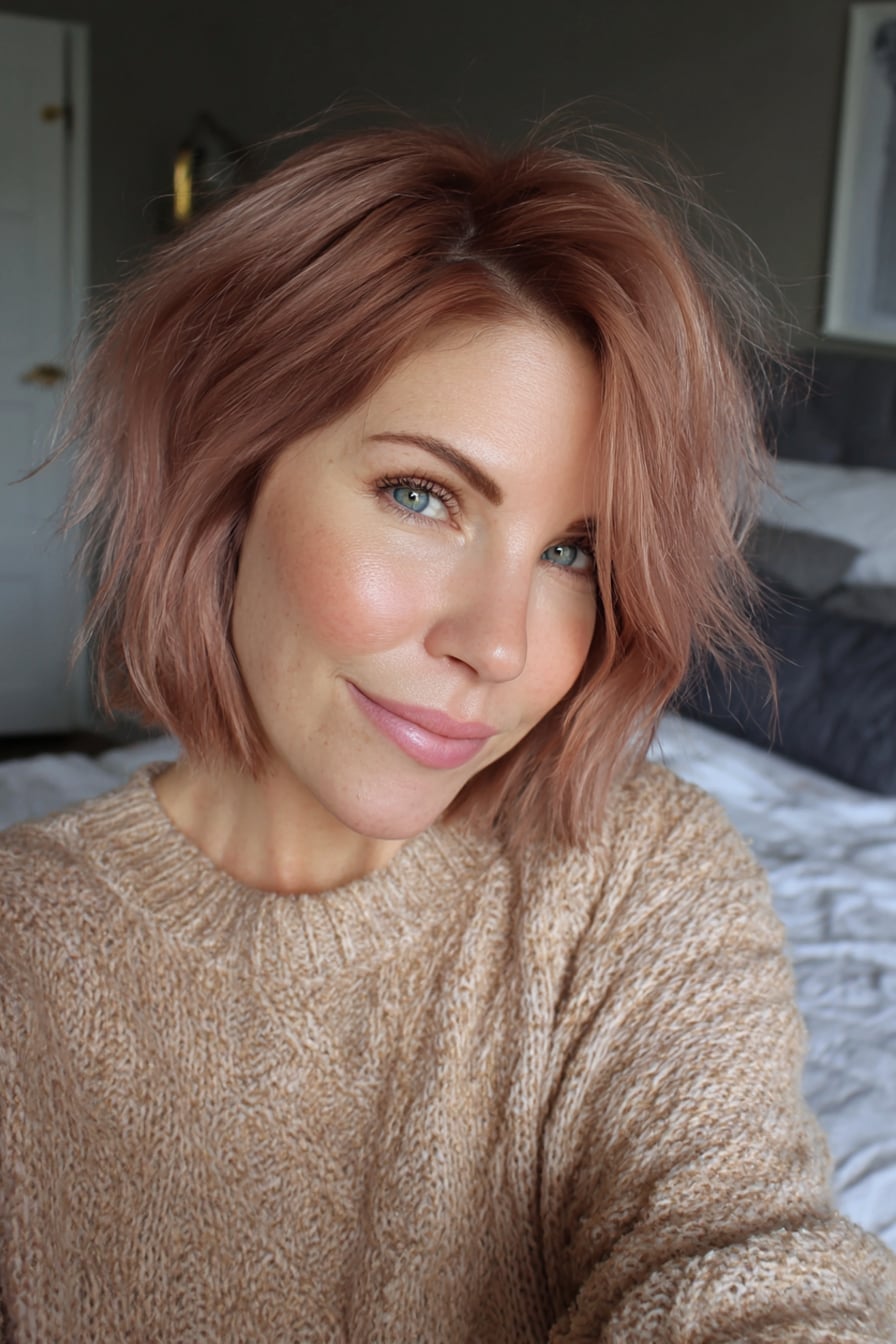 Chin Length Wavy Rose Gold Bob — Rose Gold Hair 2027