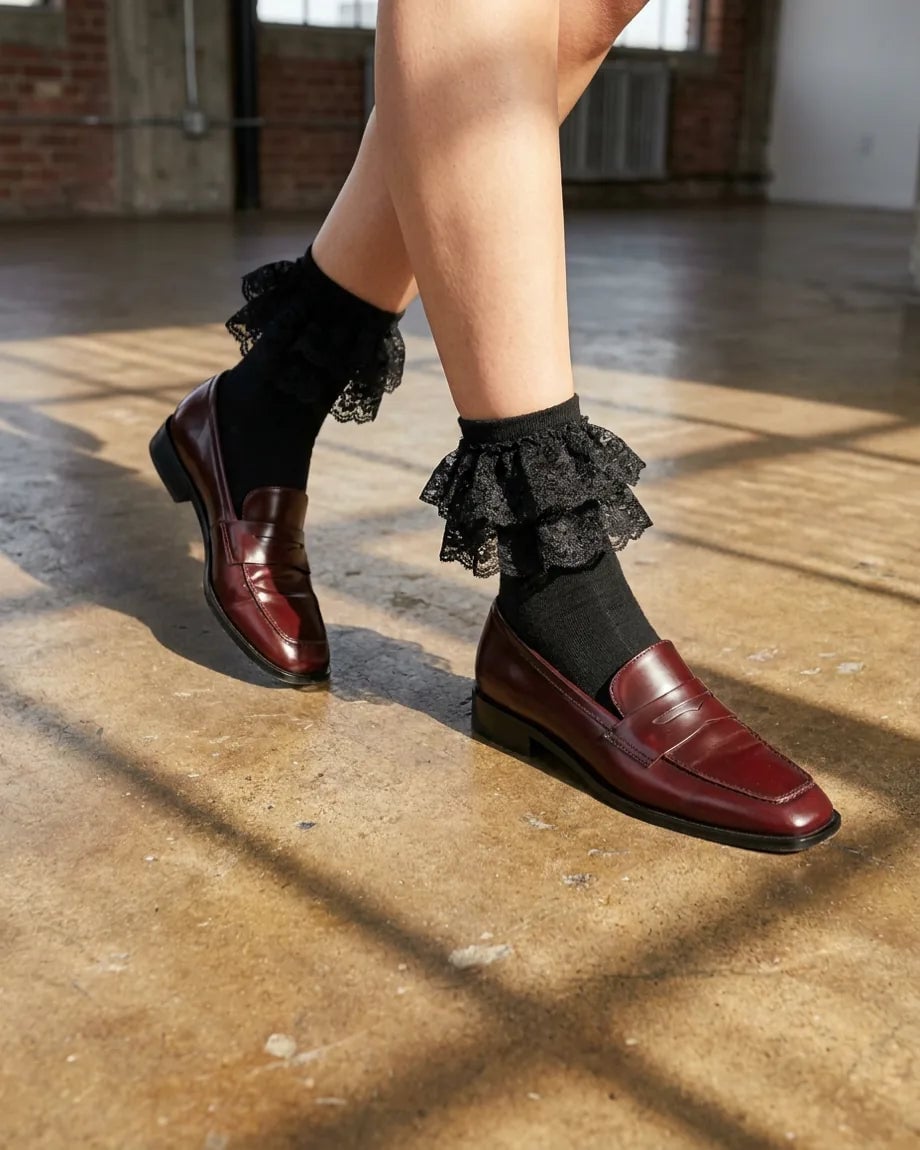 Square-toe loafers with black lace ruffle socks Square-toe loafers with black lace ruffle socks — Ruffle Socks Outfits 2027