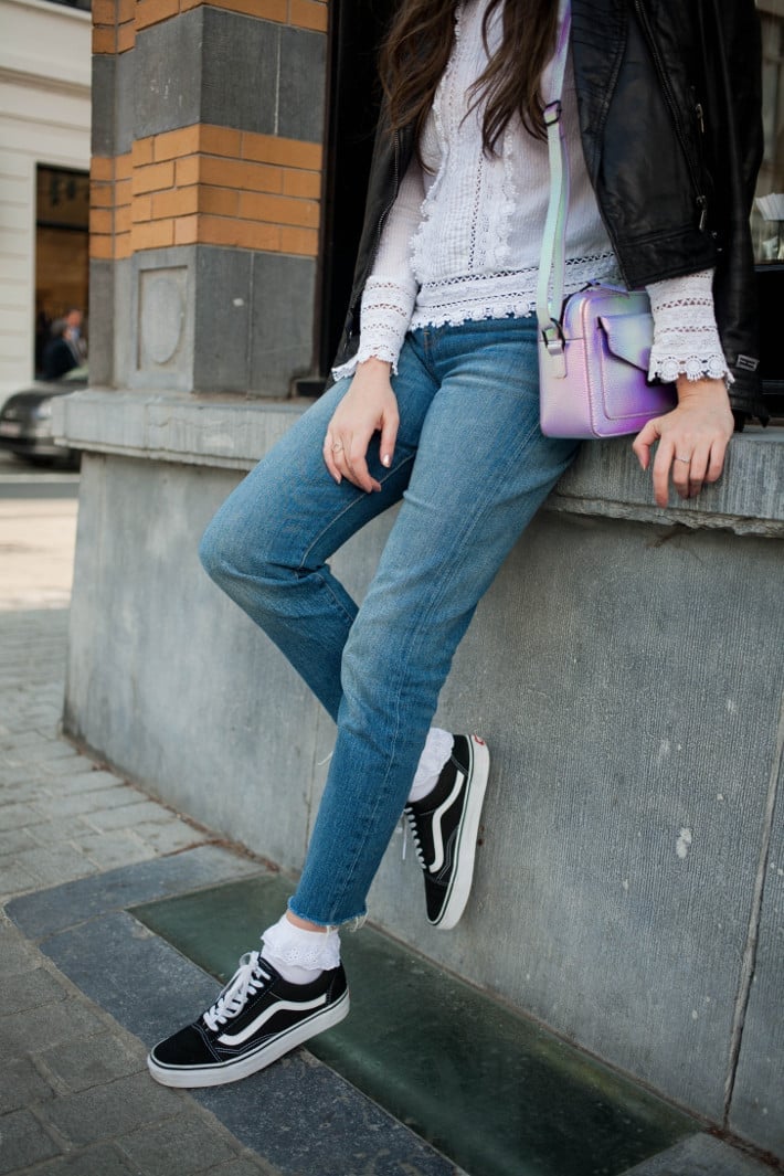 Straight-leg jeans and leather jacket with ruffle socks Straight-leg jeans and leather jacket with ruffle socks — Ruffle Socks Outfits 2027