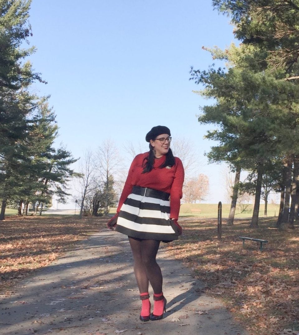 Striped skirt and sweater with bright pink socks Striped skirt and sweater with bright pink socks — Ruffle Socks Outfits 2027