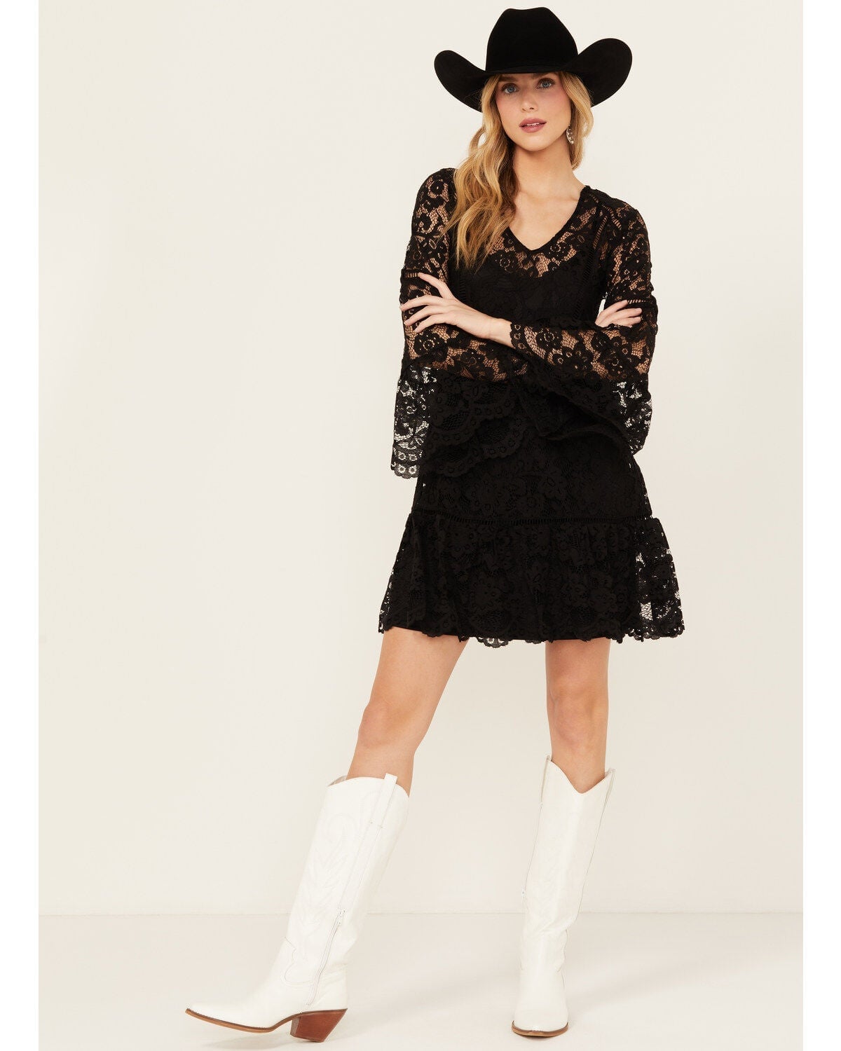 Black lace tiered mini dress with bell sleeves Black lace tiered mini dress with bell sleeves — Rustic Wedding Guest Dress 2027