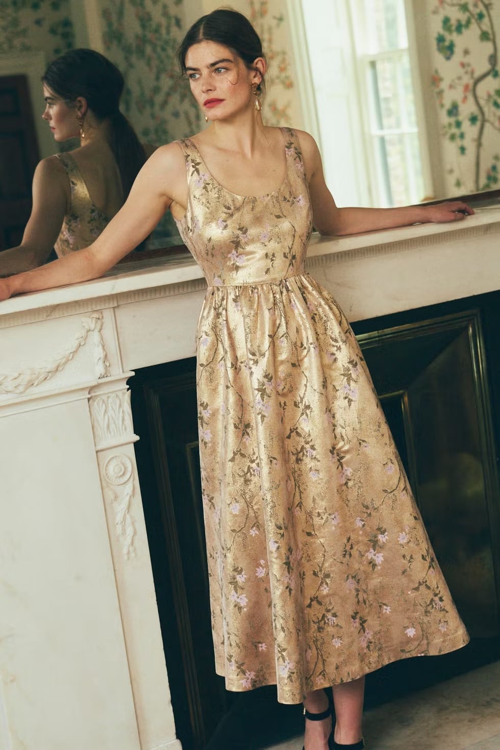Gold floral brocade fit and flare midi dress Gold floral brocade fit and flare midi dress — Rustic Wedding Guest Dress 2027