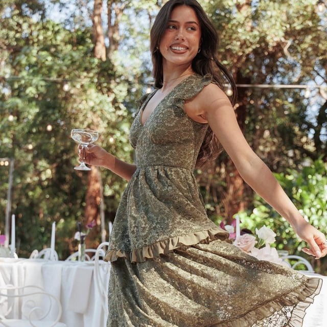 Olive green lace A-line dress with ruffled hem Olive green lace A-line dress with ruffled hem — Rustic Wedding Guest Dress 2027