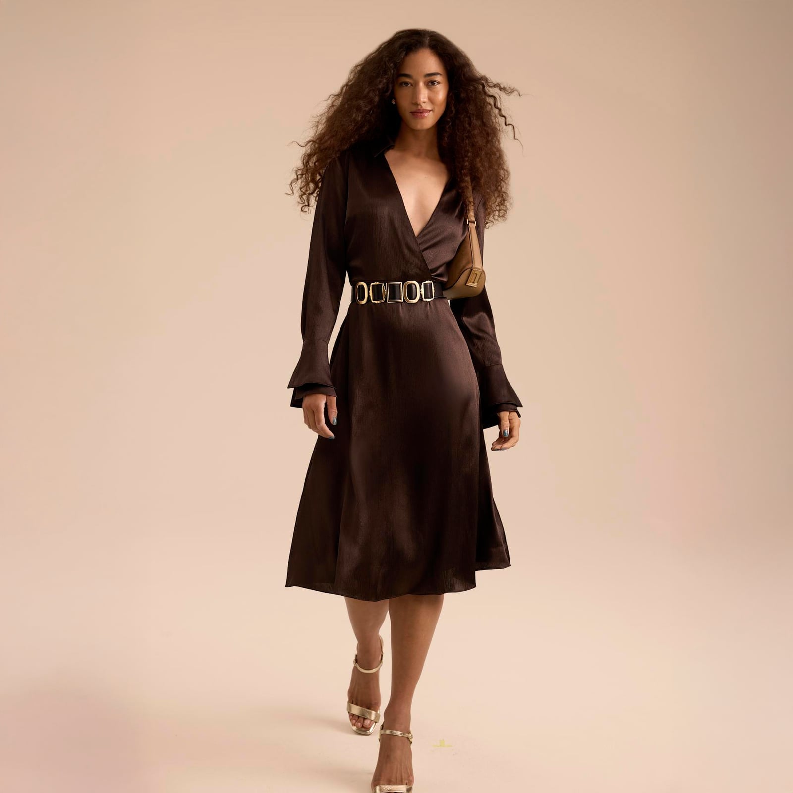 Dark brown satin wrap dress with plunging neckline Dark brown satin wrap dress with plunging neckline — Rustic Wedding Guest Dress 2027