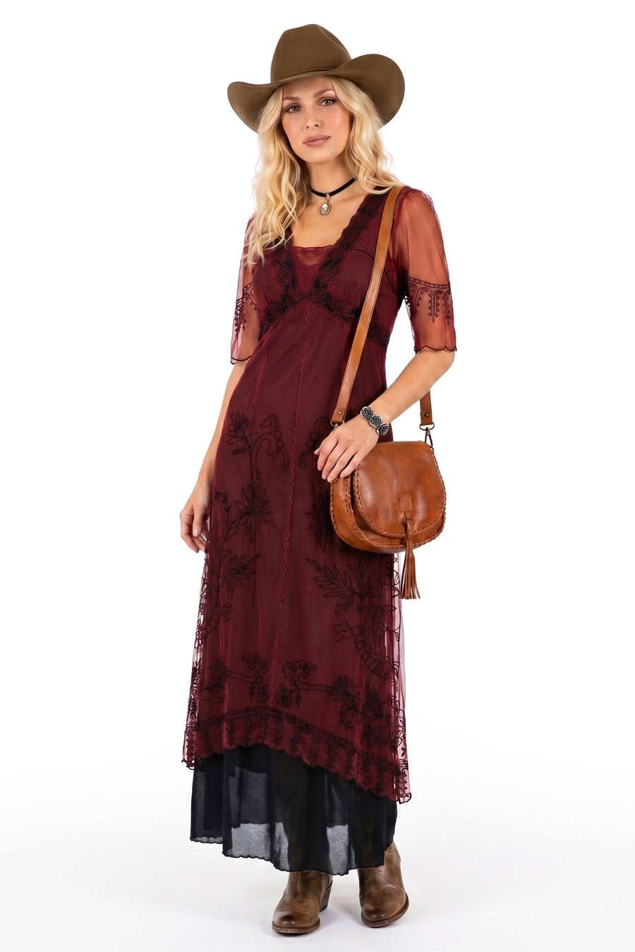 Burgundy sheer lace midi dress with black embroidery Burgundy sheer lace midi dress with black embroidery — Rustic Wedding Guest Dress 2027