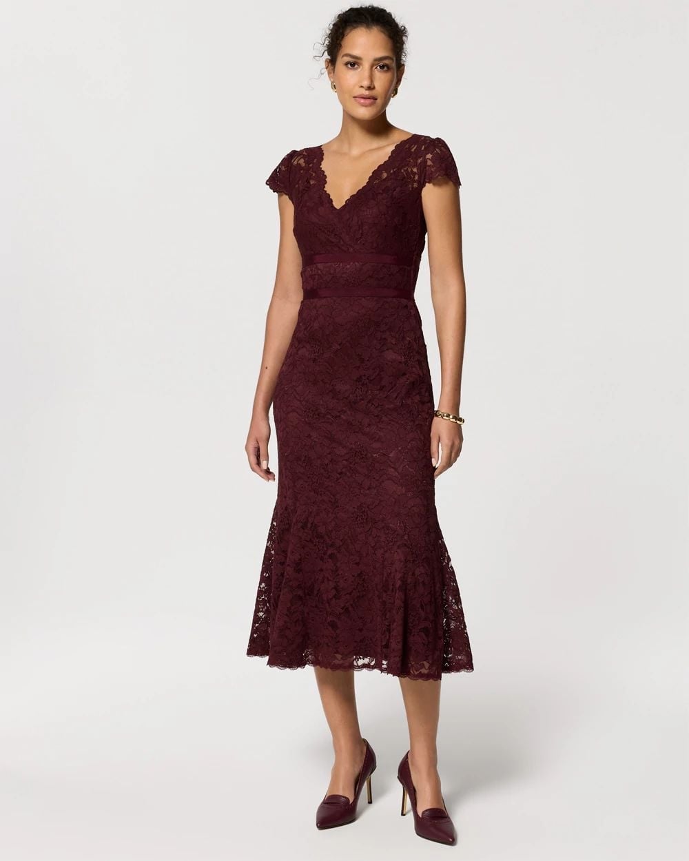 Burgundy short-sleeve lace fit-and-flare midi dress Burgundy short-sleeve lace fit-and-flare midi dress — Rustic Wedding Guest Dress 2027