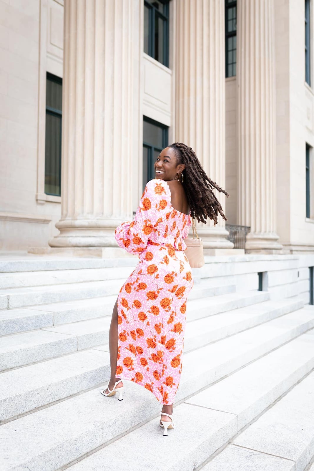 Pink orange floral print maxi dress with puff sleeves Pink orange floral print maxi dress with puff sleeves — Rustic Wedding Guest Dress 2027