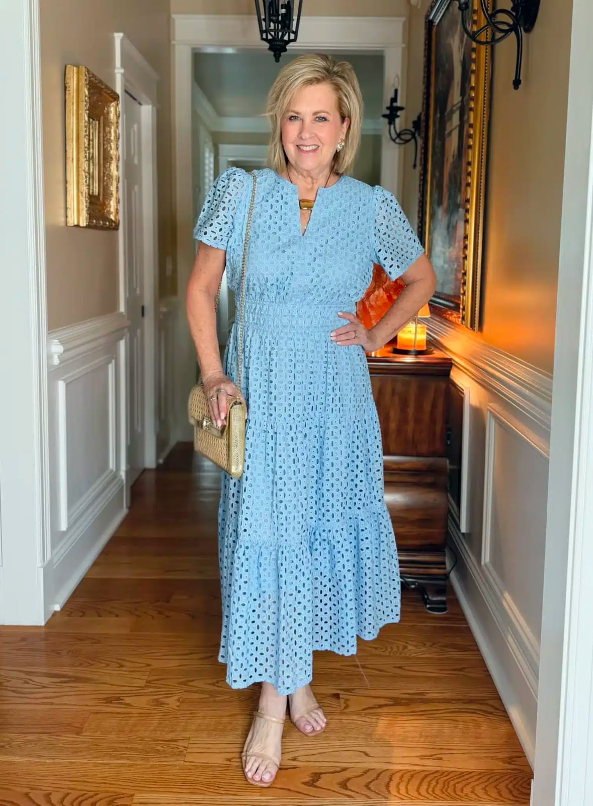 Light blue broderie anglaise midi dress with tiered skirt Light blue broderie anglaise midi dress with tiered skirt — Rustic Wedding Guest Dress 2027
