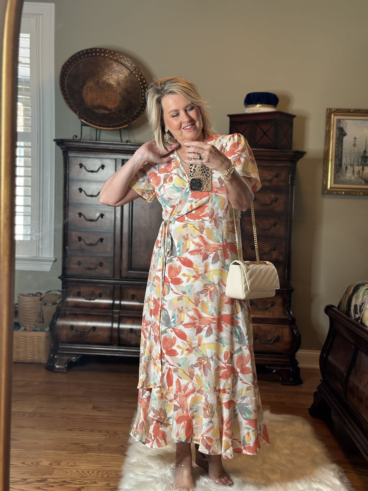 Cream leaf print wrap dress with short sleeves Cream leaf print wrap dress with short sleeves — Rustic Wedding Guest Dress 2027