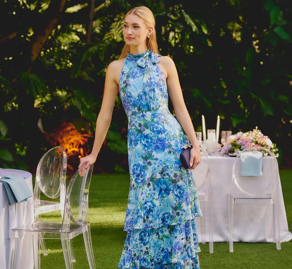 Blue, green, and pink floral halter neck tiered dress Blue, green, and pink floral halter neck tiered dress — Rustic Wedding Guest Dress 2027