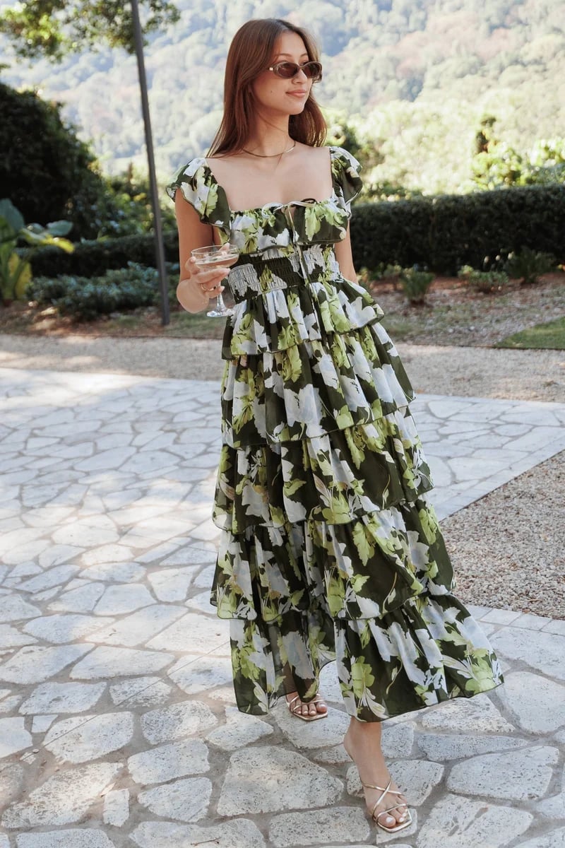 Tiered green and white floral print square neck dress Tiered green and white floral print square neck dress — Rustic Wedding Guest Dress 2027
