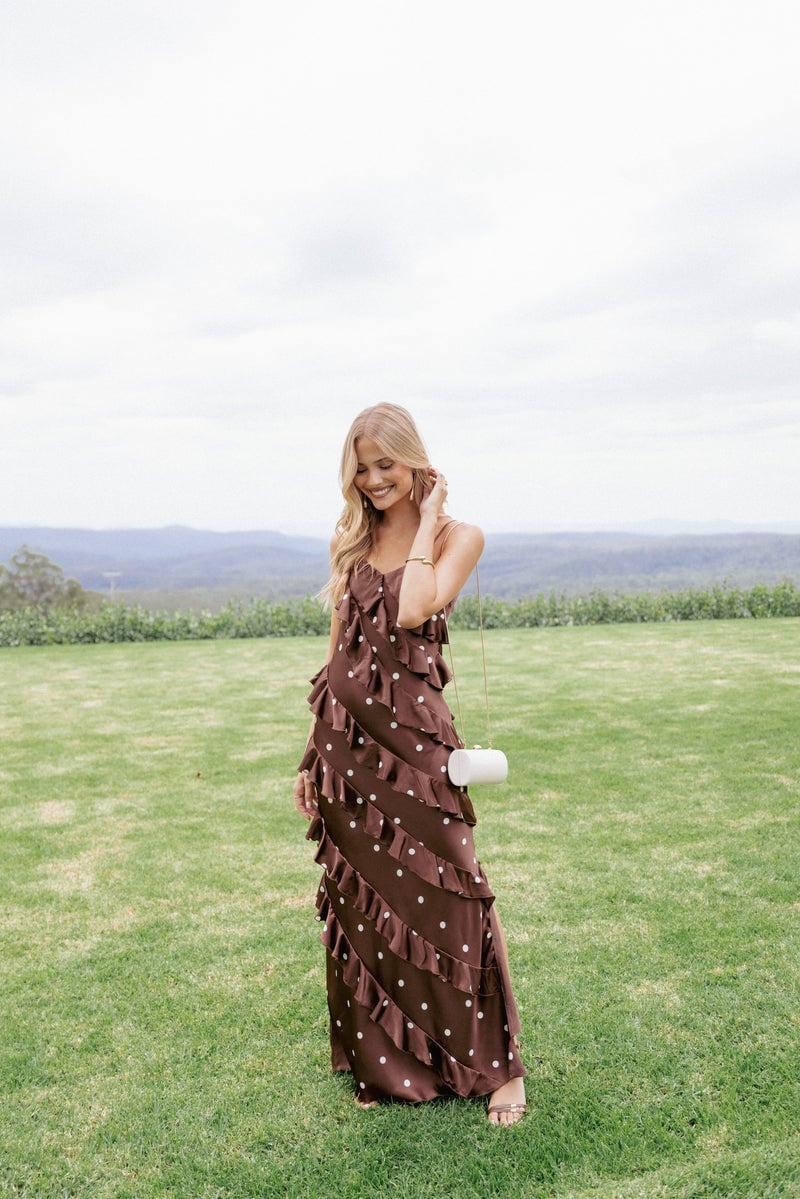 Brown polka dot satin maxi dress with tiered ruffles Brown polka dot satin maxi dress with tiered ruffles — Rustic Wedding Guest Dress 2027