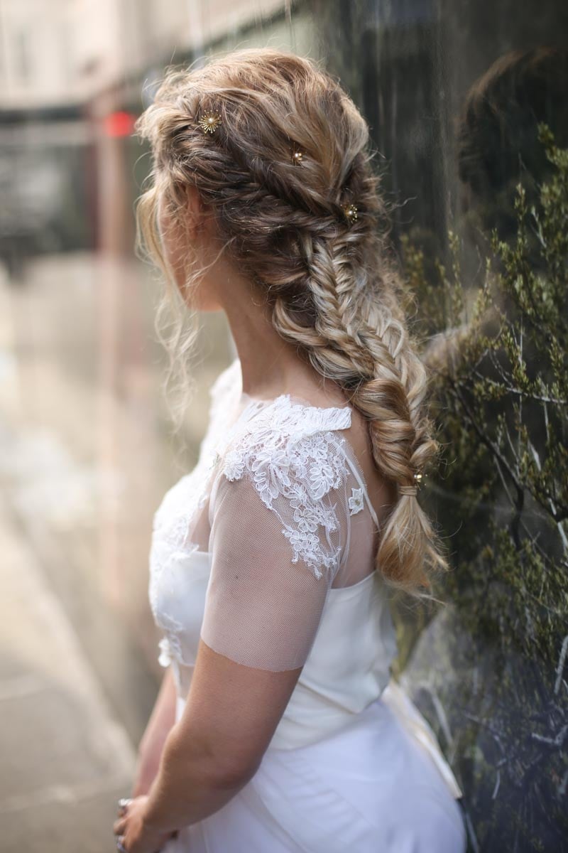 Mid-Back Ash Blonde Fishtail Braid With Gold Pins Mid-Back Ash Blonde Fishtail Braid With Gold Pins — Rustic Wedding Hairstyles 2027