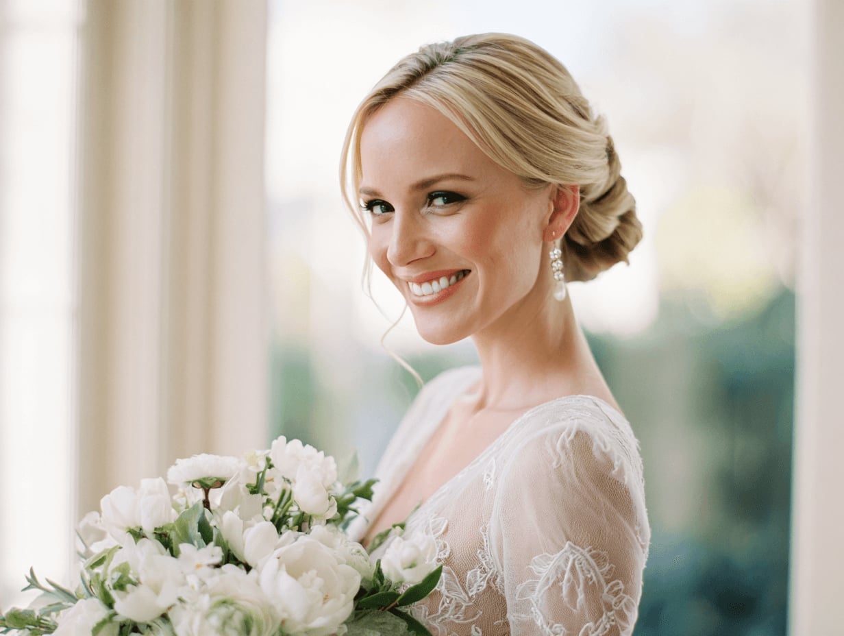 Polished Blonde Low Chignon With Swept Bangs Polished Blonde Low Chignon With Swept Bangs — Rustic Wedding Hairstyles 2027