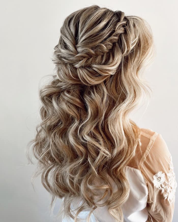 Mid-Back Ash Blonde Half Up Half Down Braided Updo Mid-Back Ash Blonde Half Up Half Down Braided Updo — Rustic Wedding Hairstyles 2027