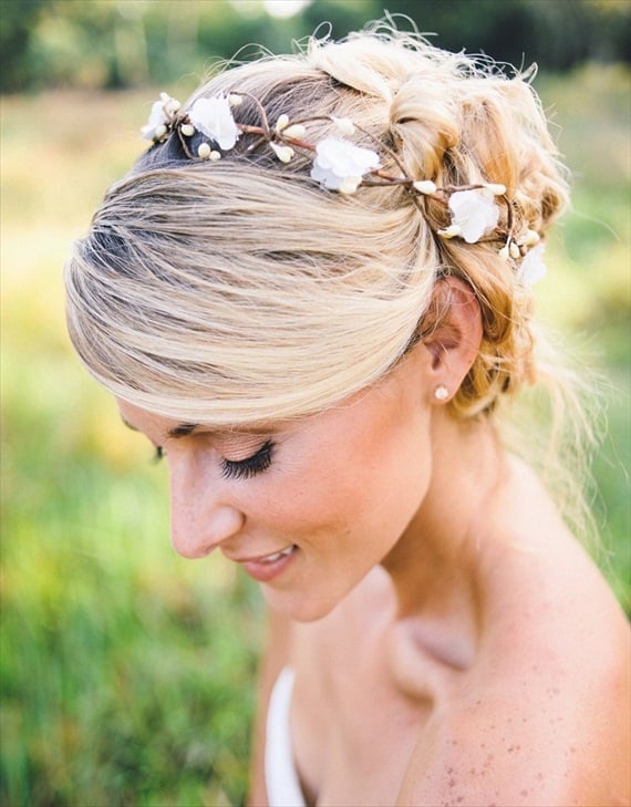 Light Blonde Updo With Braided Crown and Floral Accents Light Blonde Updo With Braided Crown and Floral Accents — Rustic Wedding Hairstyles 2027