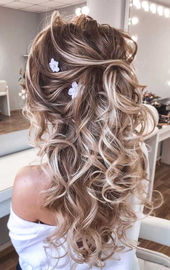 Mid-Back Blonde Curly Half Up Half Down With Flowers, A Thick Mid-Back Blonde Curly Half Up Half Down With Flowers, A Thick — Rustic Wedding Hairstyles 2027