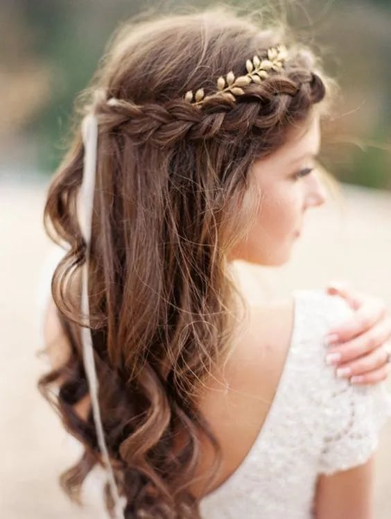 Mid-Back Medium Brown Braided Crown With Ribbon Mid-Back Medium Brown Braided Crown With Ribbon — Rustic Wedding Hairstyles 2027