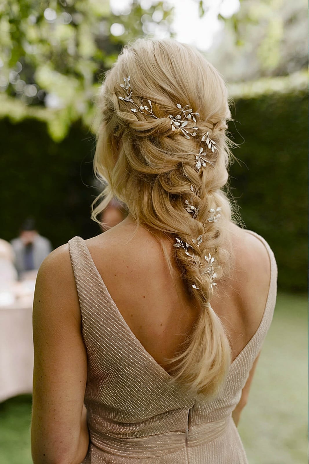 Mid-Back Blonde Hair Braid With Loose Waves and Leafy Accessories Mid-Back Blonde Hair Braid With Loose Waves and Leafy Accessories — Rustic Wedding Hairstyles 2027