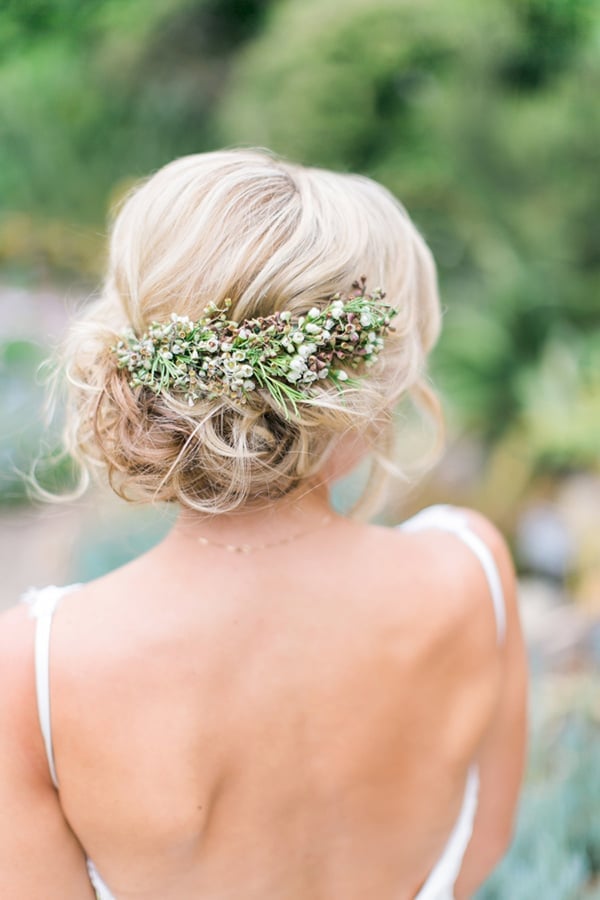 Shoulder Length Ash Blonde Loose Low Bun With Floral Crown Shoulder Length Ash Blonde Loose Low Bun With Floral Crown — Rustic Wedding Hairstyles 2027