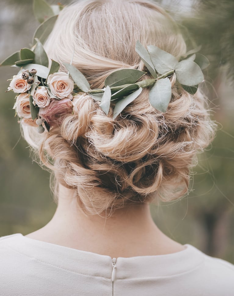 Blonde Loose Updo With Curls and Floral Crown Blonde Loose Updo With Curls and Floral Crown — Rustic Wedding Hairstyles 2027