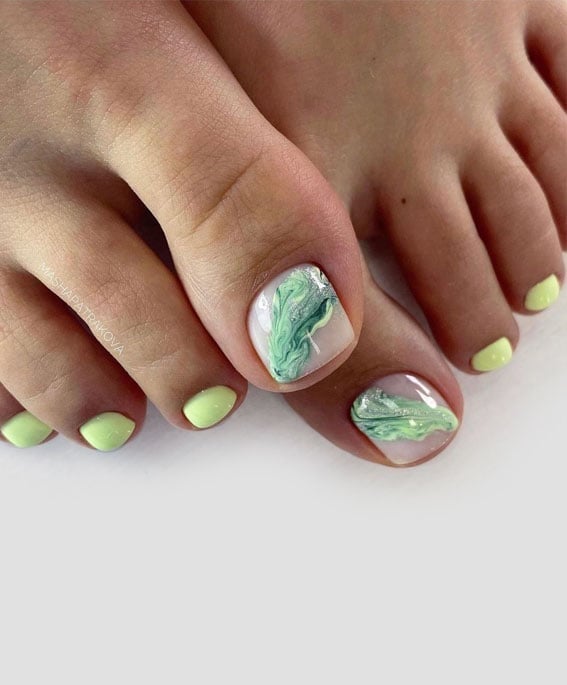 Light Green White Marble And Pastel Yellow Toenails Light Green White Marble And Pastel Yellow Toenails — Sage Green Toe Nails 2027